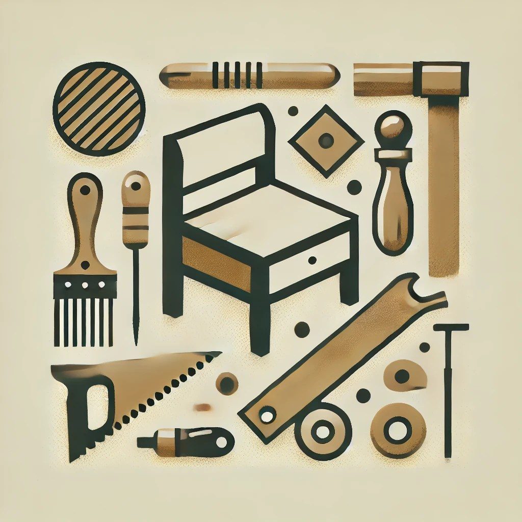 AI-generated still-life of woodworking hand tools arranged around a chair, in warm cream and brown